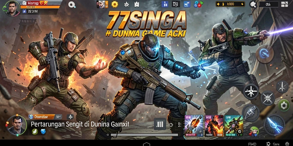 Screenshot utama 77SINGA menampilkan pertarungan yang intens dan karakter yang dinamis.