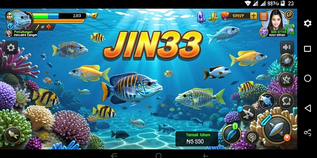Tampilan gameplay seru dengan banyak ikan yang menunggu untuk ditembak.