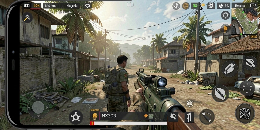 Tampilan gameplay NX303 dengan interaksi karakter yang menarik.