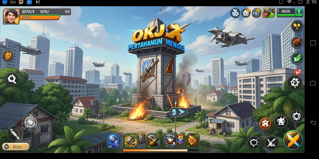 Screenshot gameplay OKJK menunjukkan menara bertahan melawan serangan musuh.