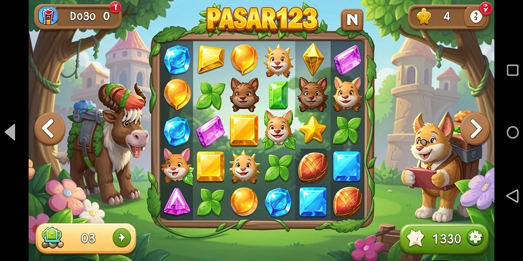 Gameplay seru PASAR123 dengan tantangan Match-3 menunggu Anda.