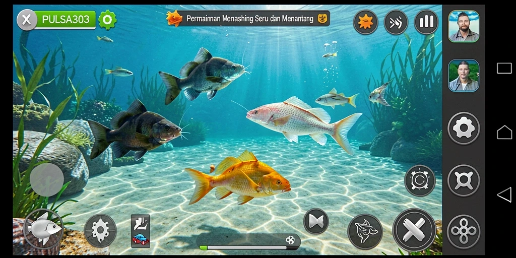 Tampilan gameplay PULSA303 menampilkan pemain saat memancing di lokasi indah.