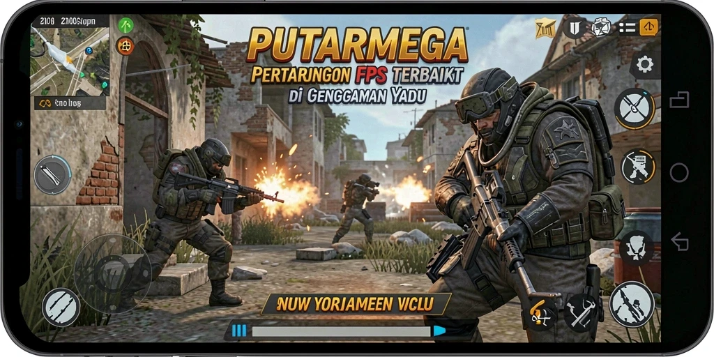 Screenshot gameplay PUTARMEGA menampilkan aksi pertempuran FPS yang intens.