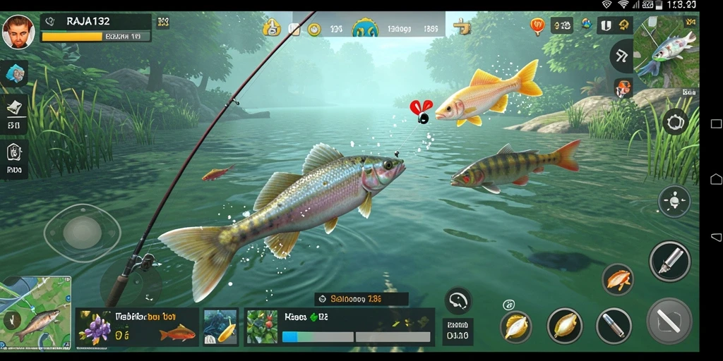 Screenshot gameplay RAJA132 menampilkan pemain yang sedang memancing dengan latar belakang yang indah.