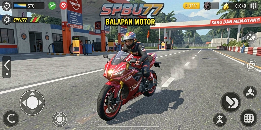 Screenshot utama SPBU77 menampilkan aksi balapan motor yang intens.