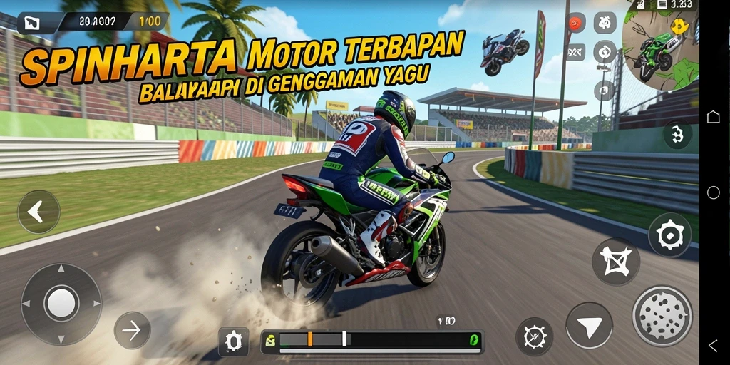 Tampilan gameplay SPINHARTA yang mendebarkan saat balapan motor.