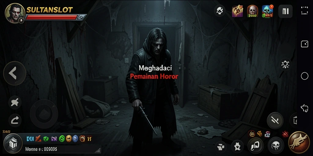 Screenshot utama SULTANSLOT menampilkan suasana mencekam dan gameplay yang menegangkan.