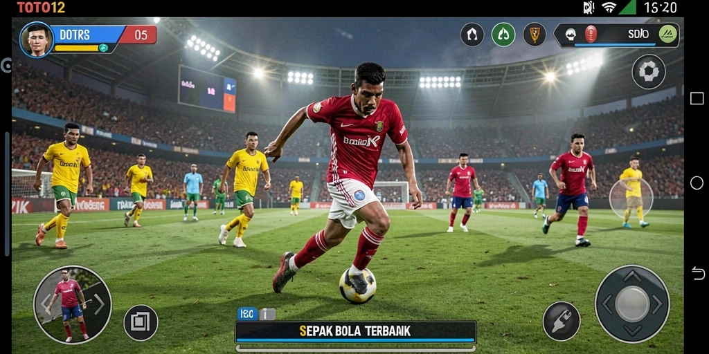 Screenshot gameplay TOTO12 dengan aksi pertandingan sepak bola yang mengesankan.